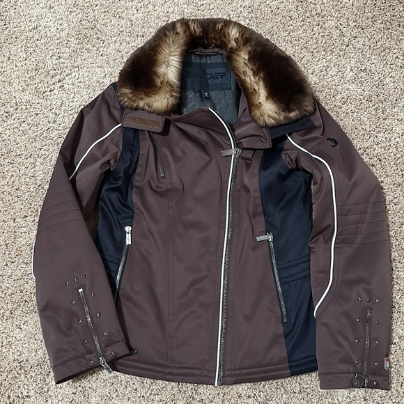 SPYDER Y2K BROWN & BLACK FAUX FUR COLLAR MOTO SKI JACKET COAT SIZE 8 - Picture 17 of 17